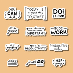 Doodle stickers set with handwritten lettering with motivational, cheering phrases for planners, notebooks. Ready for print list of cute stickers. Inspirational typography for productivity, success.