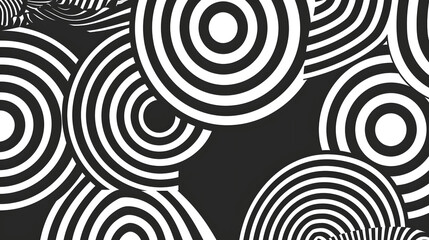 Geometric pattern with concentric circles and diagonal lines in black and white
