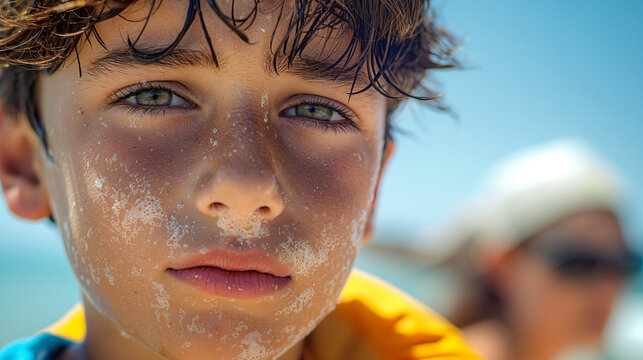 Young boy with sandy cheeks looking serious at the beach.
