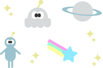 かわいい顔の宇宙人、宇宙船、宇宙や星のイラスト