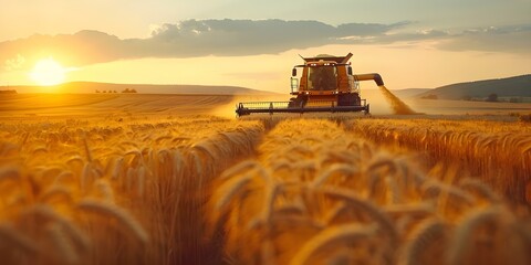 Fototapeta premium Sunset scene with large combine harvester harvesting wheat in vast field. Concept Agricultural Harvest, Sunset Photography, Farming Machinery, Golden Hour Fields, Rural Landscape