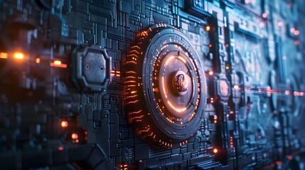 Futuristic Digital Data Protection Shield with Glowing Metallic Lock Interface