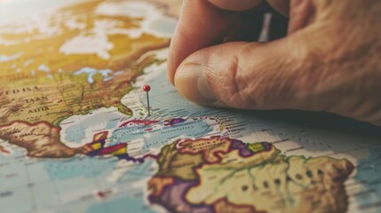 Close-up of a hand placing a pushpin into a city on a world map for a travel plan
