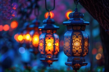 Beautiful lit lanterns hanging in a row with intricate designs against a blurred, colorful background. Perfect for festive and cultural themes.