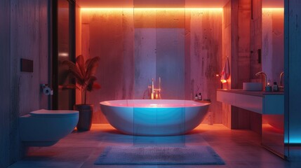 A high-tech bathroom with voice-controlled lighting, temperature, and music for a personalized experience