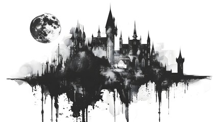 Fototapeta premium Haunting Gothic Castle Silhouette with Glowing Full Moon on Dark Backdrop