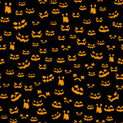 Halloween scary pumpkin face seamless pattern. Halloween party wallpaper pattern, fabric or textile autumn season vector seamless print with pumpkin Jack o Lantern creepy faces glowing in darkness