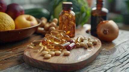 Fototapeta premium Healthy Dietary Supplements with Natural Extracts and Ingredients Arranged on Rustic Wooden Table long title Healthy dietary supplements vitamins and