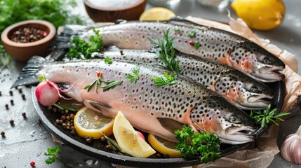 Fresh raw fish and vegetables for cooking salmon with lemon and spices in a pan ingredients on concrete background for healthy diet