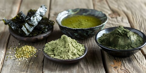 Seaweed powders and konbu on a wooden background. Concept Healthy Eating, Superfoods, Natural Ingredients, Japanese Cuisine, Wooden Background