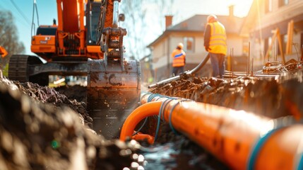 Detailed photojournalistic capture of a construction site under soft natural sunlight, showcasing workers maneuvering around heavy machinery and orange piping in trenches near a house