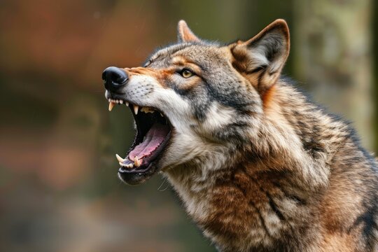 Eurasian wolf is howling in the forest with its teeth bared