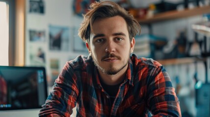 man sitting in a room with tools and computer