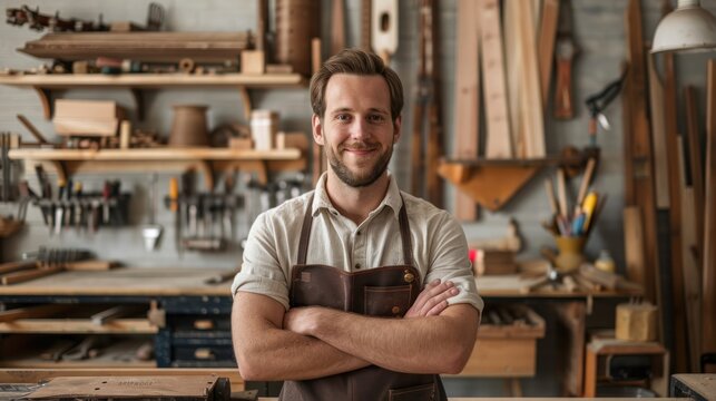 portrait of A handsome young carpenter wearing an apron standing in his workshop with arms crossed, and looking at the camera with a smile, copy space for text banner.