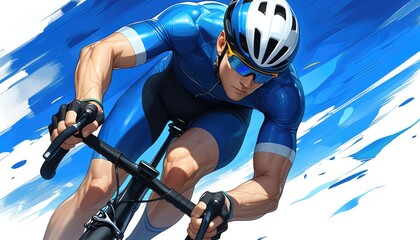 Professional cycling competition a man wearing blue and white clothing riding a bike