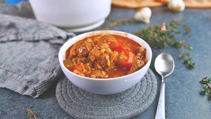 Beef soup includes beef broth, tomato paste, ribs, sliced ​​peeled carrots, bay leaves, minced garlic, and a little barley, U.S, Mar 2023