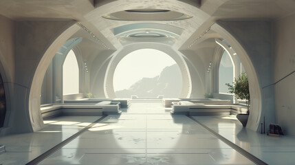 Modern, futuristic interior with large circular window, minimalistic design, white arches, and natural light