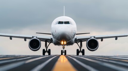 Naklejka premium Airplane Taxiing on Runway. Modern Jetliner on the Runway, Close-Up View of an Aircraft Preparing for Takeoff. Aviation, Technology, Transportation, focus cover all object
