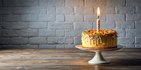 Birthday Cake with a Single Candle on a Rustic Wooden Table, Birthday Cake , Cake , Candle , Rustic
