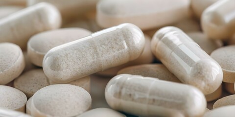 Closeup of probiotic supplement highlighting beneficial bacteria promoting gut health. Concept Probiotic Benefits, Gut Health, Healthy Living, Supplement Closeup, Beneficial Bacteria