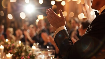 A humanitarian worker is honored at a gala, with attendees applauding their remarkable achievements.