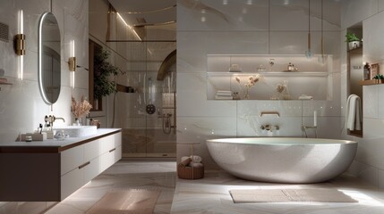 Fototapeta premium A luxurious bathroom with a large, oval mirror, a freestanding tub, and a vanity with a quartz countertop