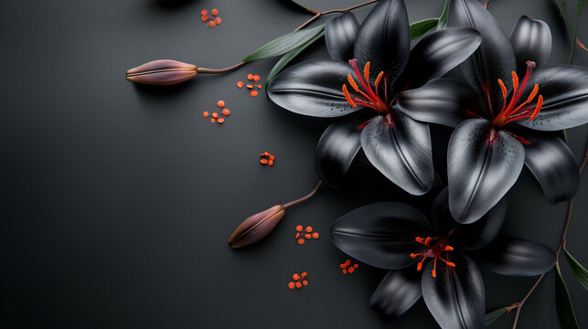 Elegant black lilies with red stamens on dark background ideal for memorial obituary necrology funeral death banner concept