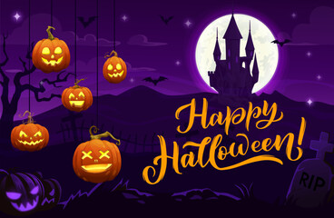 Halloween pumpkins and cemetery landscape. Vector background with moon illuminate an eerie castle, casting flickering shadows on weathered tombstones. reveals a haunting mystery and frightful delight