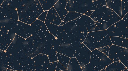 Seamless pattern of zodiac constellations with lines and stars on navy background