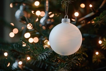 Sparkling Festive Morning with White Christmas Ornament and Twinkling Tree Lights