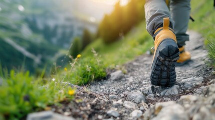 Obraz premium Backpackers equipped with safety gear for outdoor adventures copy space adventure safety dynamic manipulation mountain trail