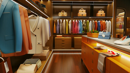 Luxurious boutique interior showcasing an assortment of fashion items including clothes and accessories.
