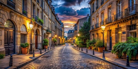 Cobblestone Street in Paris at Dusk, Composed of Warm Tones, Lighting, and Stone Architecture, French Cityscape,  Paris , Cobblestone , Architecture , Dusk