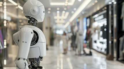 Fototapeta premium Futuristic robot assistant roaming in a modern shopping mall