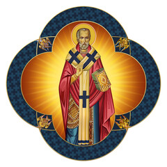 Obraz premium Christian traditional image of Saint Nicholas of Myra. Decorative cross in Byzantine style isolated