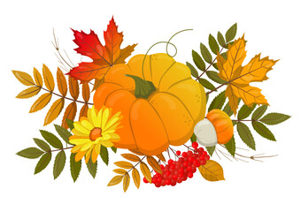 Hand drawn vector autumn decorative element with pumpkin, flower, leaves and fruits. Autumn, Thanksgiving, pumpkin season. Vector illustration for posters, cards and banners