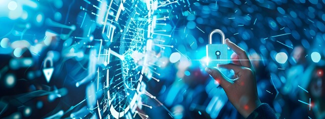 A hand holds a padlock and data in a futuristic interface on a blue background with a crowd of people, representing a cyber security concept for information protection