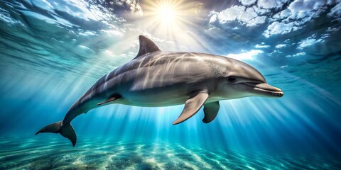 Fototapeta premium Dolphin Under The Sea Sunbeams, Underwater Photography, Marine Life, Dolphin, Ocean