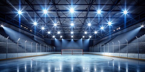 Empty Hockey Rink with Spotlights, Wide Shot, Blue Tones, Hockey Arena, Ice Hockey, Rink, Game, Sport, Competition