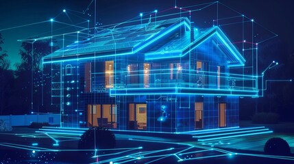 A futuristic smart home exterior with intricate digital overlays showing various connected elements, illuminated with blue light to highlight modern technologies.