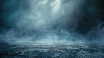 Abstract thunderstorm over smoky asphalt floor and dark blue empty street, studio texture