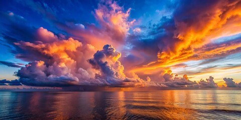 Fototapeta premium Fiery Sunset Over The Ocean, Blue And Orange Clouds, Seascape Photography, Nature Landscape, Water Reflection, Sunset Photography, Ocean View, Nature Beauty