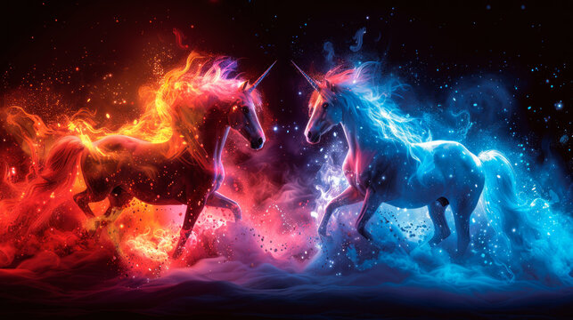Two running neon-colored unicorns on black background