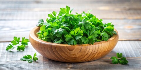 Fototapeta premium Fresh Parsley in Wooden Bowl, Natural Green Leaves, Rustic Kitchen Ingredient, Wooden Background, Parsley, Herb, Food, Cooking, Ingredient