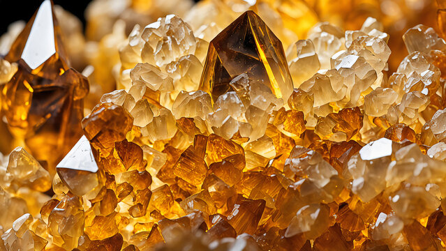 A macro close-up of citrine mineral crystals with a faceted surface