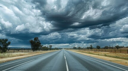 Cloudy skies above the straight road of Matilda Highway in Queensland