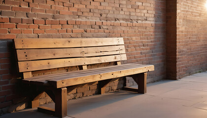 Fototapeta premium Rustic Wooden Bench Against Weathered Brick Wall Studio-Lit Scene with Vintage Charm and Textured Details for Interior Design, Home Decor, and Advertising Projects