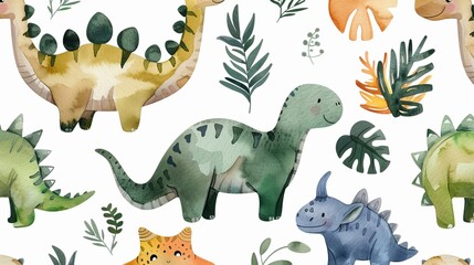 An engaging illustration featuring several cartoon dinosaurs and a variety of plant life, capturing the whimsy and excitement of a prehistoric world in a friendly artistic style.