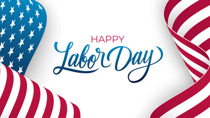 Fototapeta premium Happy Labor Day. Hand lettering. Waving American Flag. United States federal holiday festive banner. White background. Vector illustration.