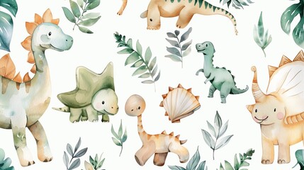 Fototapeta premium A fanciful illustration displaying various cartoon dinosaurs amid lush greenery, creating an engaging and playful scene that showcases the wonders of a prehistoric world.